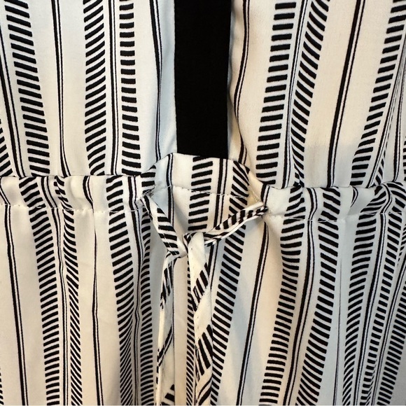H&M Dress Striped Black & White Feathered Print Drawstring Waist V-Neck Size 14 - Picture 5 of 12
